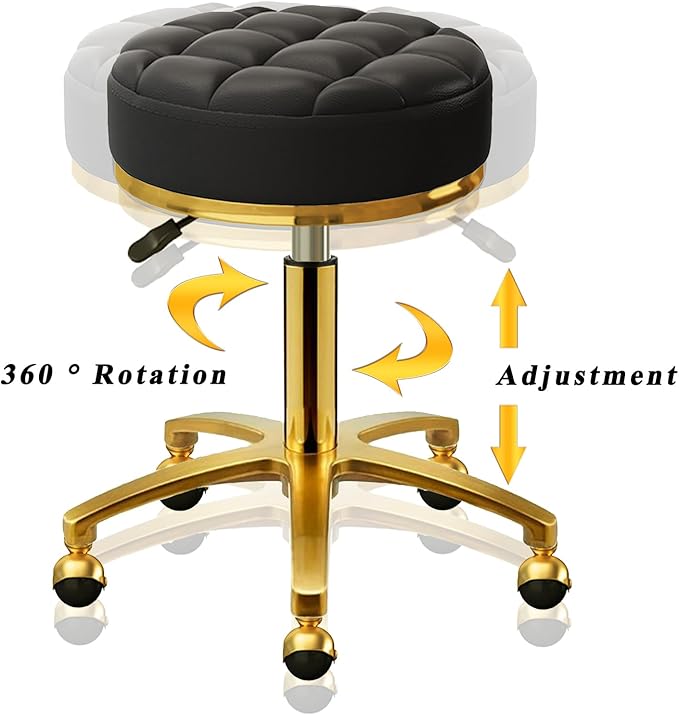 Rolling Stool Gold Vanity Stool with Wheels, Pedicure Massage Roller Stools, PU Leather Round Swivel Salon Spa Chair, Titanium Gold Base, Height Adjustable 43-55 cm (Black)