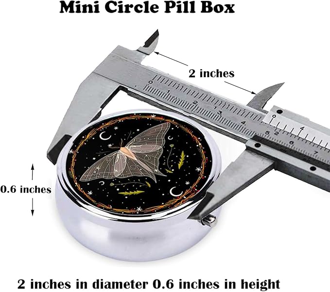 Pill Box, Small Pill Organizer with 3 Compartments and Mirror, Cute Round Portable Travel Metal Pill Case for Pocket or Purse, Privacy-Protecting Medicine Box-Blackmoth