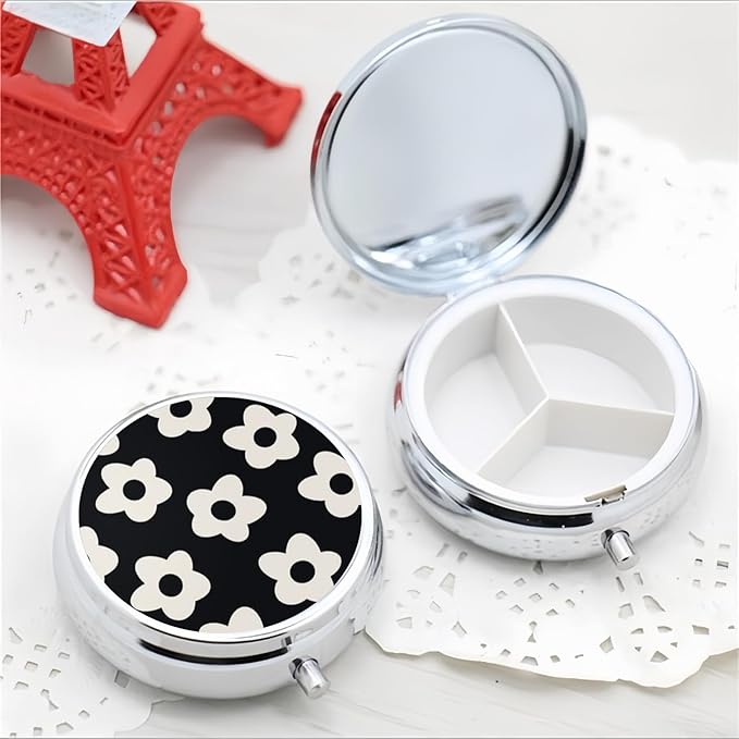 Pill Box 3 Compartment Pocket Cute Small Pill Organizer Mini Metal Pill Holder Travel Portable for Woman Old People and Children - White Flower