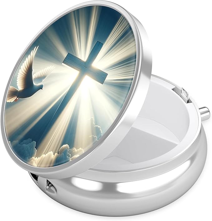 Cross Heaven Pill Case, Blessed Pill Box 3 Compartments Metal Small Pill Holder with Mirror Mini Travel Pill Container for Purse Pocket Women Men