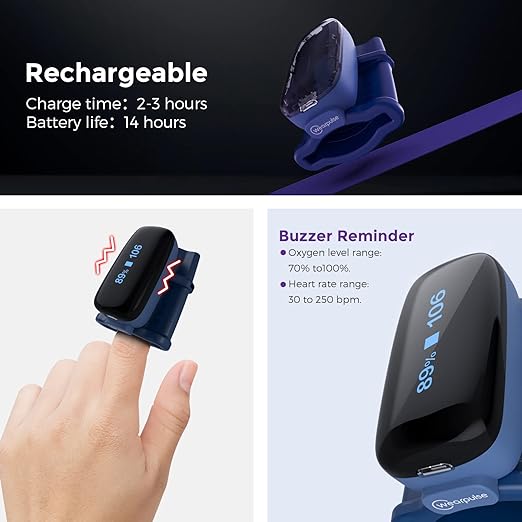 O2 Pulse Oximeter Fingertip, Oxygen Saturation Monitor, Bluetooth Pulse Rate Tracking with App, Continuous Rechargeable O2 Finger Oxygen Meter, 4 * 10 Hrs Built-in Memory, Smart Reminder