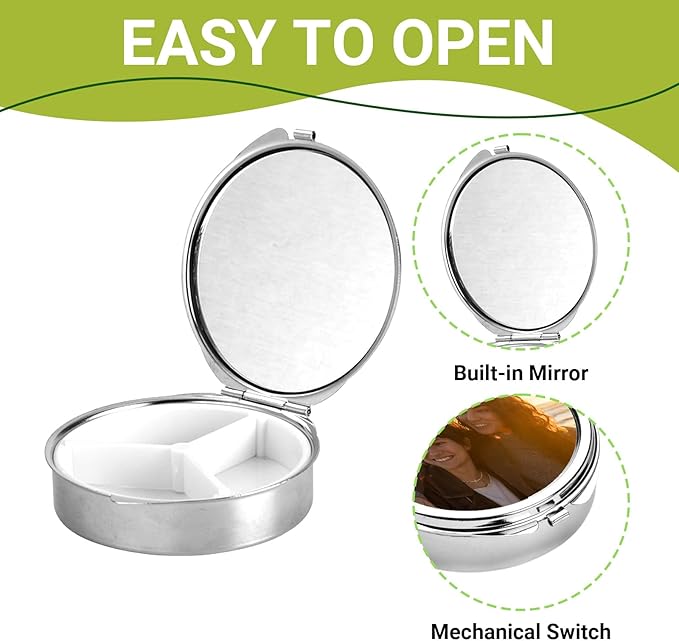 Custom Pill Box Organizer Travel With Photo,Logo,Text Personalized Metal Medicine Pill Case Waterproof Tablet Vitamin Holder Organizer for Purse Pocket Travel Gifts with Mirror&Key Rings 3 Compartment