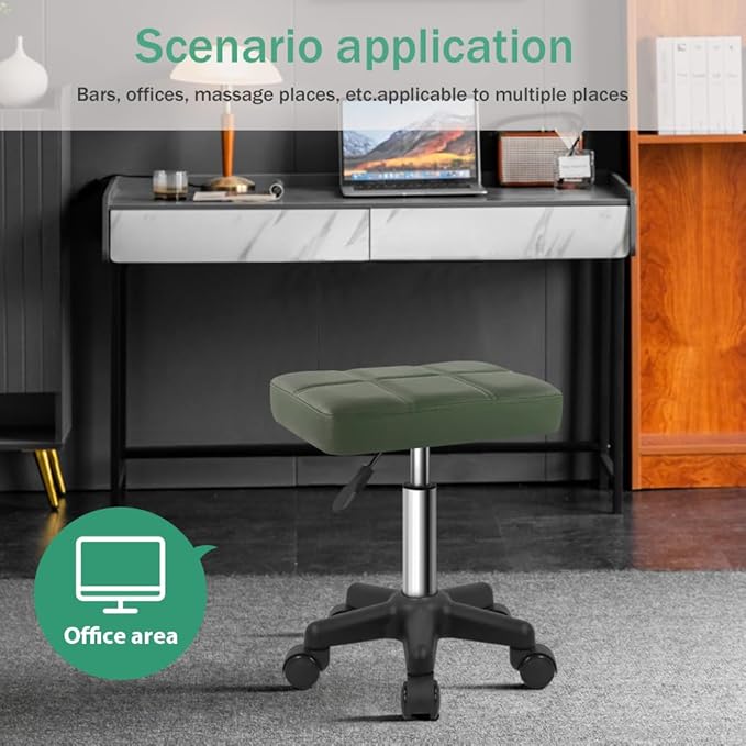 FURWOO Rectangle Rolling Stool with Wheels Height Adjustable Swivel Stool Chair for Spa Salon Massage Green