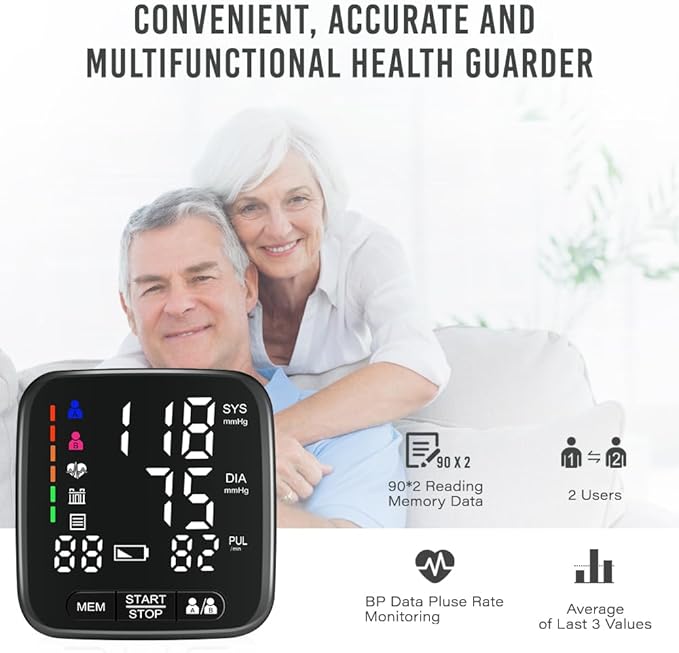 Wrist Blood Pressure Monitor, Tovendor Home Automatic Blood Pressure Cuff Wrist with 2 AAA Battery and Portable Carrying Case, 2 * 90 Reading Memory Dual Users Mode