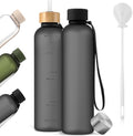 32oz Slim Water Bottle [Lightweight & Shatterproof] with Straw and 2 Lids, Stainless Steel Lid & Bamboo Straw Lid for Travel, Sports, School, Gym- Dishwasher Safe(Black Clear)