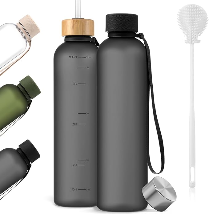 32oz Slim Water Bottle [Lightweight & Shatterproof] with Straw and 2 Lids, Stainless Steel Lid & Bamboo Straw Lid for Travel, Sports, School, Gym- Dishwasher Safe(Black Clear)