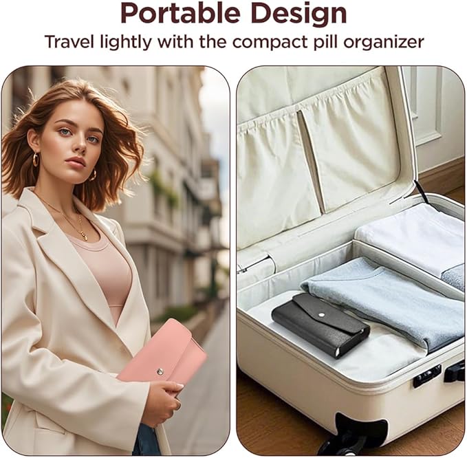 Weekly Pill Organizer, 7-Day Medicine Box, 2-3-4 Times Daily, Black Leather Travel Case (4 Compartment)