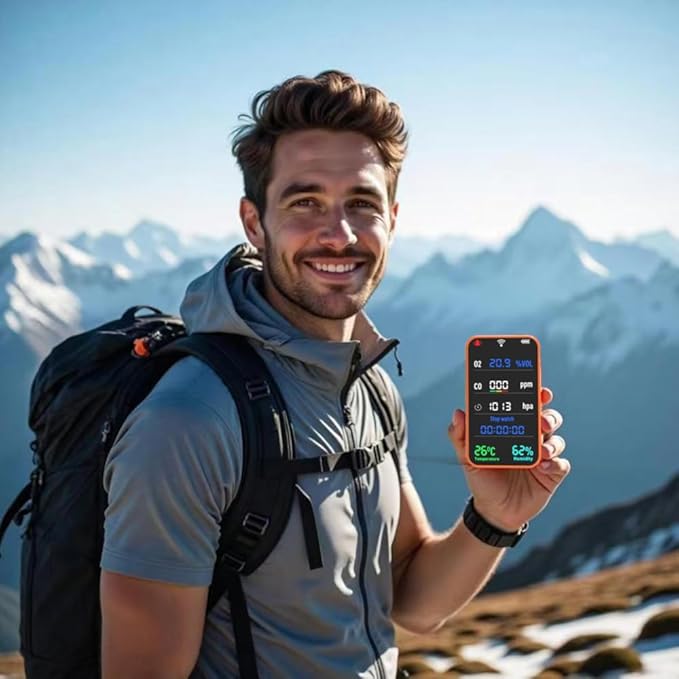 7-in-1 Portable Sensor for O2 | CO | Air Pressure | Temperature | Humidity Detection - 3000mAh Rechargeable Battery, SD Card, Built-in Flashlight & Stopwatch, Portable Gear for Hiking, Camping, RVs