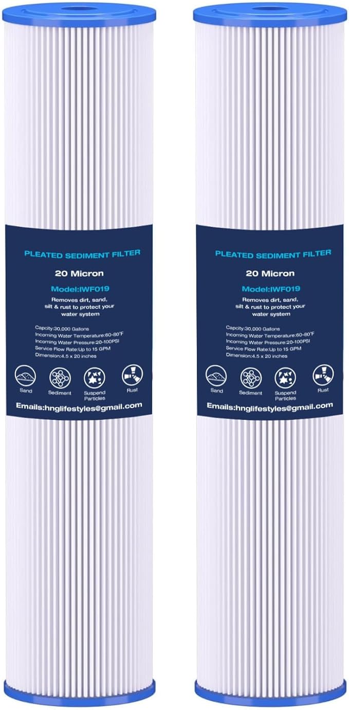 H&G Lifestyles 20" x 4.5" 20 Micro Whole House Pleated Sediment Water Filter for Well Water, Compatible with ECP20-20BB, AP810-2, SPC-45-2020, R30-20BB, HDC3001, ECP5-20BB,SPC-45-2005
