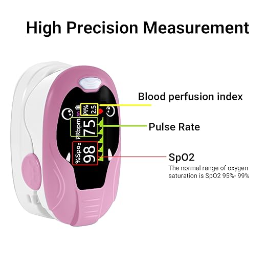 Kids Fingertip Pulse Oximeter for Children Age 2+, Blood Oxygen Saturation Monitor SpO2 & Pulse Rate, Fast Reading with Memory Function, Adjustable Brightness, Batteries Included, Pink