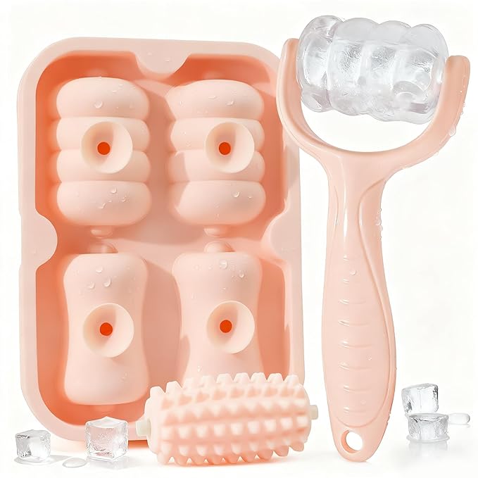 Ice Roller for Face, Reusable Facial Ice Roller for Eyes, Face, and Neck, 2 in 1 Massage Roller with Ice Face Mold and Silicone Textured Roller Head for Skin Care and Puffiness & Pain Relief, Pink