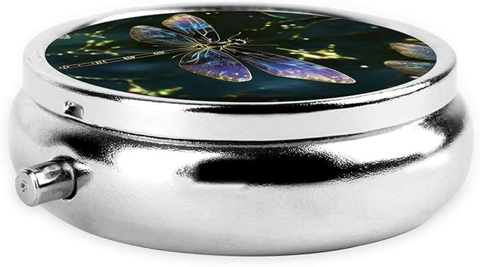 Pill Box 3 Compartment Round Small Pill Case Travel Pillbox for Purse Pocket Dragonfly Metal Medicine Organizer Portable Pill Container Holder to Hold Vitamins MedicationSupplements, Black