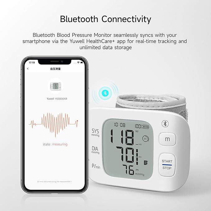 yuwell Smart Wrist Blood Pressure Monitor with Bluetooth | Medical Grade, BP Machine for Home Use | Ultra Light Weight, Smart Inflation Cuff, Large Display, Rechargeable Battery, App for iOS & Android