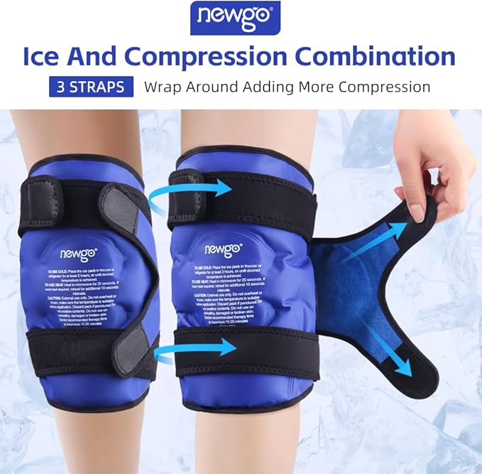NEWGO Ice Pack for Knees Injuries Reusable, 2 Pack Knee Ice Pack Wraps Around Entire Knees for Replacement Surgery Recovery, Gel Cold Pack Wrap for Meniscus Tear, ACL, Swelling Pain Relief - Blue