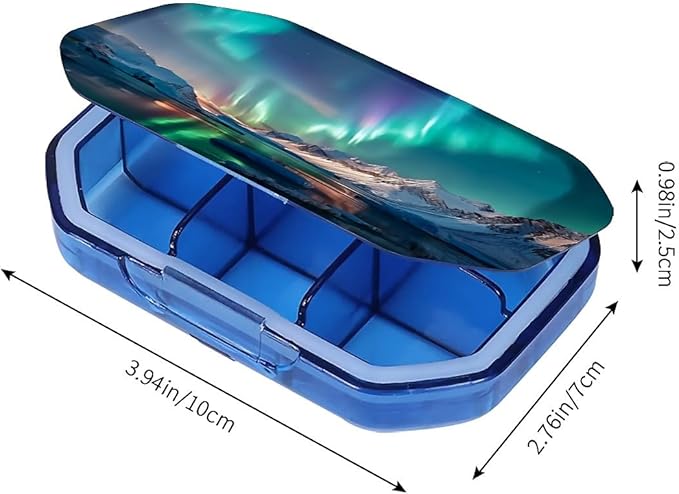This Portable Northern Lights Pattern 6-Compartment Pillbox Can Be Placed in A Pocket Or Wallet to Store Vitamins, Medicines Fish Oil Health Supplements Other Medications.