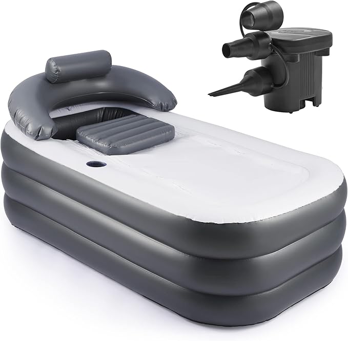 CO-Z Inflatable Bathtub With Electric Air Pump, Portable Tub With Blow Up Bath Pillow Cover, Drainage Cup Holder, Foldable Outdoor Freestanding Tub for Adults, Gray