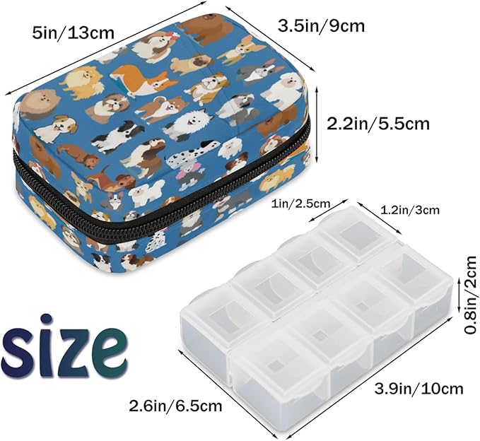 Pill Case Pill Travel Organizer 7 Day Weekly Medicine Pill Box Animal Dog Blue Small Cute Compact Size Vitamin Container Pill Bottle Portable Birth Control Pill Holder Bag with Zipper