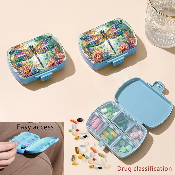 C'eitura DIY Flower Dragonfly Diamond Art Painting Blue Pill Organizer with 6 Lid Detachable Compartments, Fun DIY Craft Project for Adults, Elegant Pill Case for Purse & Travel