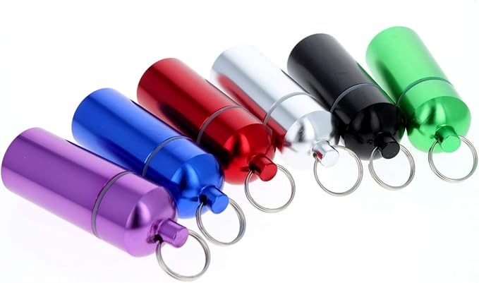 (6-Pack) ID Pill Holder Key Chain O Ring Cap Plastic Coated Interior (Assorted Colors)