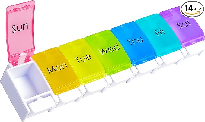 Weekly Pill Organizer – 7 Day Pill Box with Removable Compartments for Vitamins, Medications, Supplements (Multicolor)