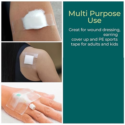 Clear Medical Tape Waterproof, 4 Rolls- 1 inch x 10 yds + 10 pc Gauze Pads - Hypoallergenic Surgical Tape for Wound Care, Dressings & Face, First Aid Waterproof Bandage for Sensitive Skin
