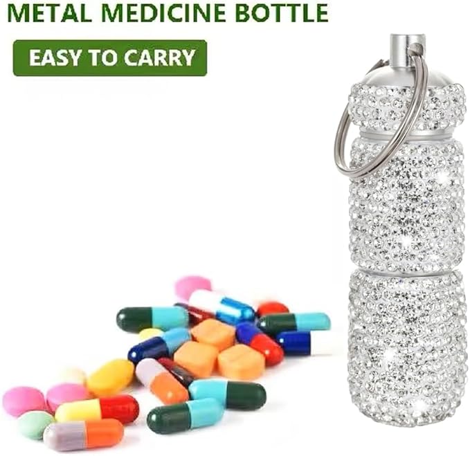 Bling Pill Case Portable Travel Pill Container Bottle Rhinestone Waterproof Small Pill Holder with Keychain Cute Mini Pill Storage Box (White)