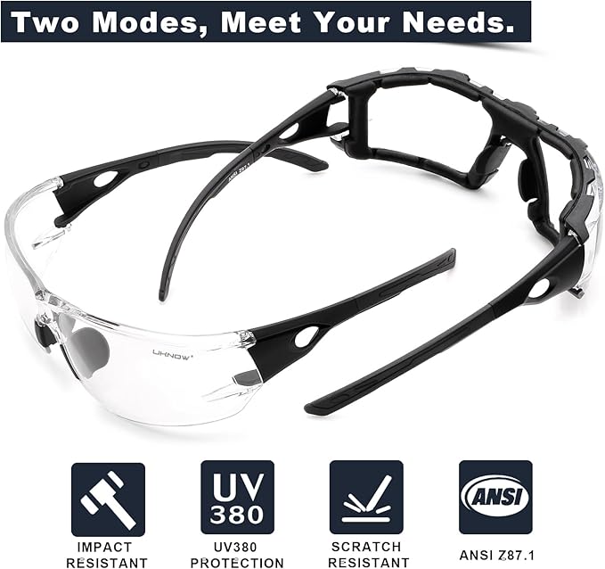 UKNOW Photochromic Safety Glasses, Scratch Resistant Wraparound Lenses, Removable Foam Gasket, ANSI Z87.1 Protective Eyewear