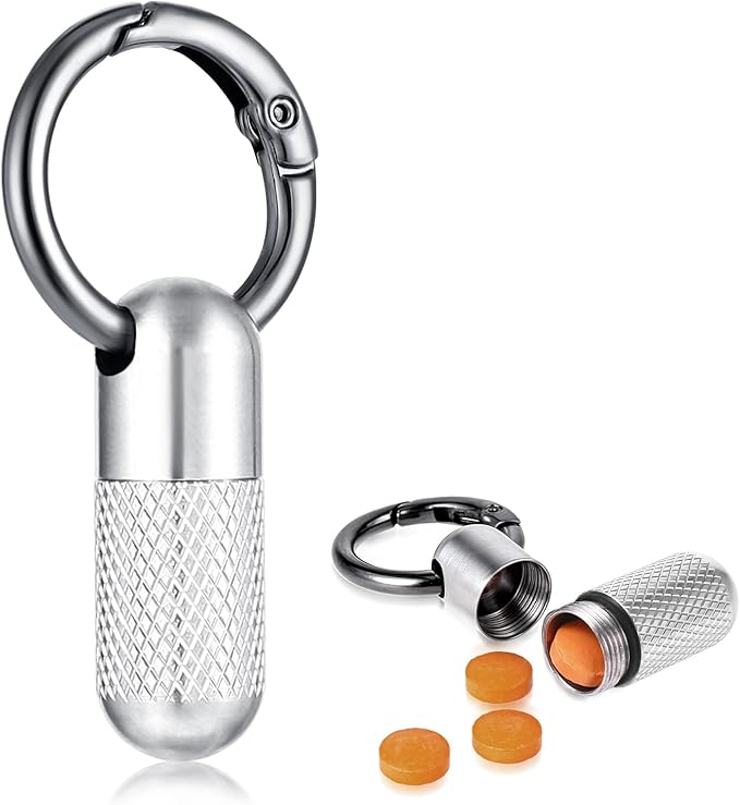 Small Pill Case Keychain Tiny Portable Carabiner Clip Pill Holder Bottle Micro Waterproof Metal Pill Container Mini Emergency Medicine Organizer (Silver Reticulation)