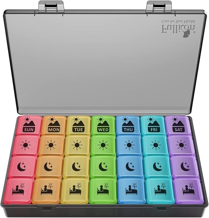 Fullicon Large Weekly Pill Organizer 4 Times a Day,7 Day Pill Box, Portable Medicine Organizer for Supplements Vitamin Pill Case Black