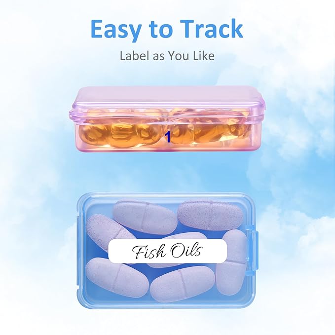 Fullicon Small Pill Case for Purse, Travel Medicine Pill Organizer, Weekly 7 Day Daily Pill Box, Pocket Pharmacy Pill Container Dispenser Holder with Labels (Black Rainbow)