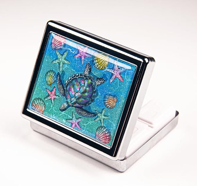 Turtle Seashells Starfish 7 Days Chromed Shiny Silver Pill Organizer with Mirror Inside Has 8 Separate Compartments Rectangle 7 Days Pill Box Pill Case