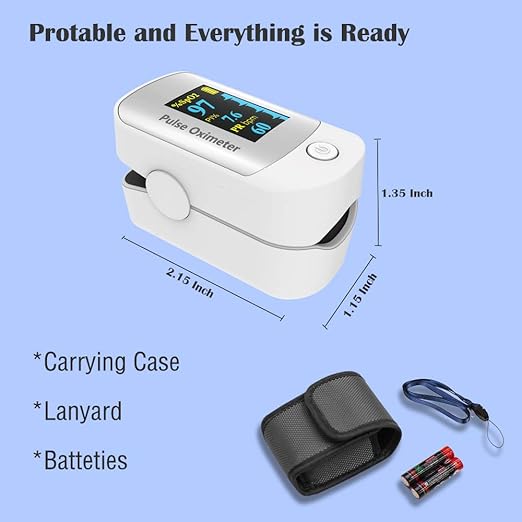 Pulse Oximeter, OLED Display Oxygen Monitor Fingertip, Blood Oxygen Saturation Monitor (SpO2) with Carrying Case, Batteries and Lanyard
