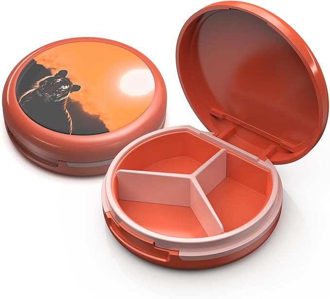 Serfeymi Small Pill Case for Purse, Unique Artistic Patterns Travel Pill Box with 3 Compartments, Portable Mini Pill Organizer for Pocket, Decorative Pill Container for Purse - Orange(Tiger)