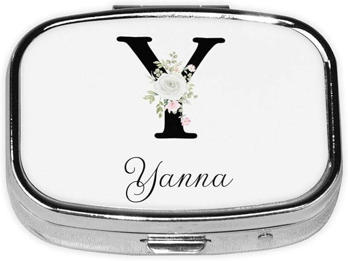 Custom Pill Box Personalized Square Small Pill Case with Mirror Add Your Photo Text Logo Name Decorative 2 Compartment Portable Metal Medicine Container Vitamin Organizer for Pocket Purse Travel (Y)