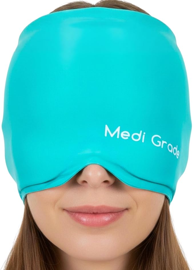 Medi Grade Migraine Relief Cap - Cooling Compression Headache Relief Cap with Full Coverage - Soft Flexible Fabric Gel Migraine Cap that Blocks Light, Reusable Migraine Mask for Cold Therapy