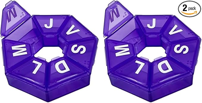 EZY DOSE Weekly Pill Organizer, Medicine Box, and Vitamin Planner, Travel Pill Planner, 7-Sided, Color May Vary, Spanish Imprints (Pack of 2)