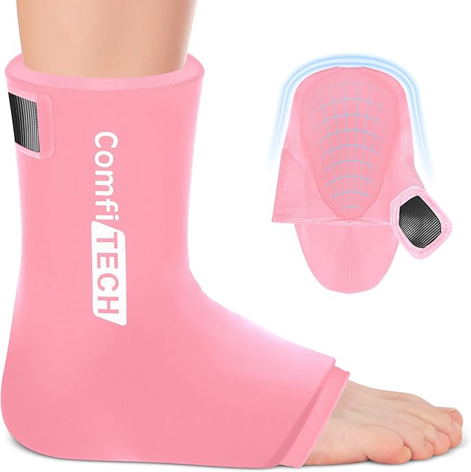 Comfitech Ankle Ice Pack Wrap Sleeve with Large Opening, Reusable Gel Cold Pad for Foot and Heel, Large, Pink