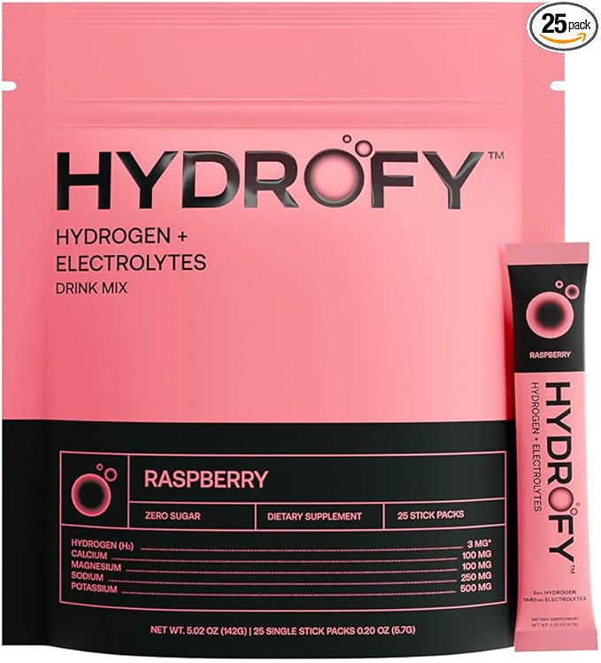 Hydrofy Hydrogen Water + Electrolytes Drink Mix | H2 Hydration Packets with Molecular Hydrogen, Sodium, Potassium, Magnesium, Calcium, and Minerals | No Sugar | Raspberry 25 Ct