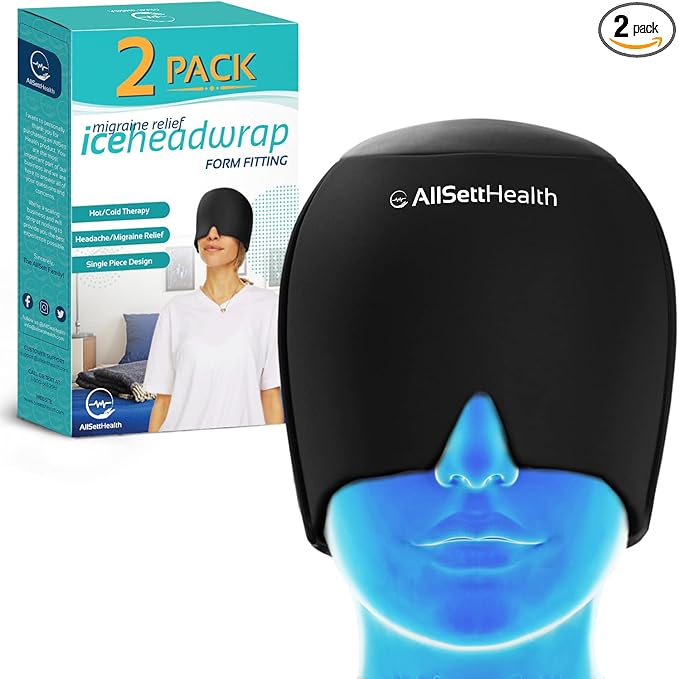 2 Pack - Migraine Relief Cap Ice Head Wrap and Hat | Hot/Cold Gel Pack with Face and Eye Mask Compress for Headache Relief - Black 2 Pack