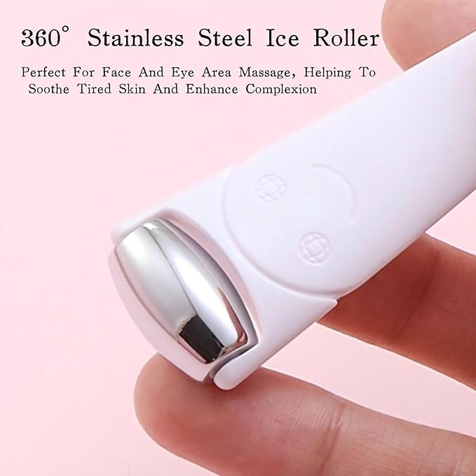 Mini Ice Roller for Face and Eyes, Portable Stainless Steel Facial Massage Tool with Cream Spoon for Travel, Dark Circles and Puffiness Relief, White