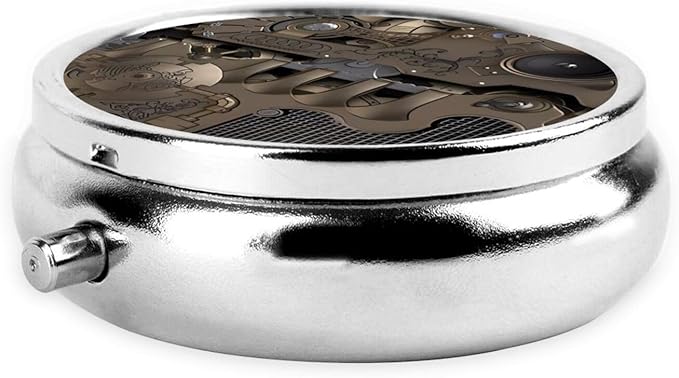 Steampunk Mechanical Gears Printed Round Travel Pill Box Cute Small Metal Pocket Pill Case for Men & Women 3 Compartment Portable Pill Organizer for Purse or Pocket