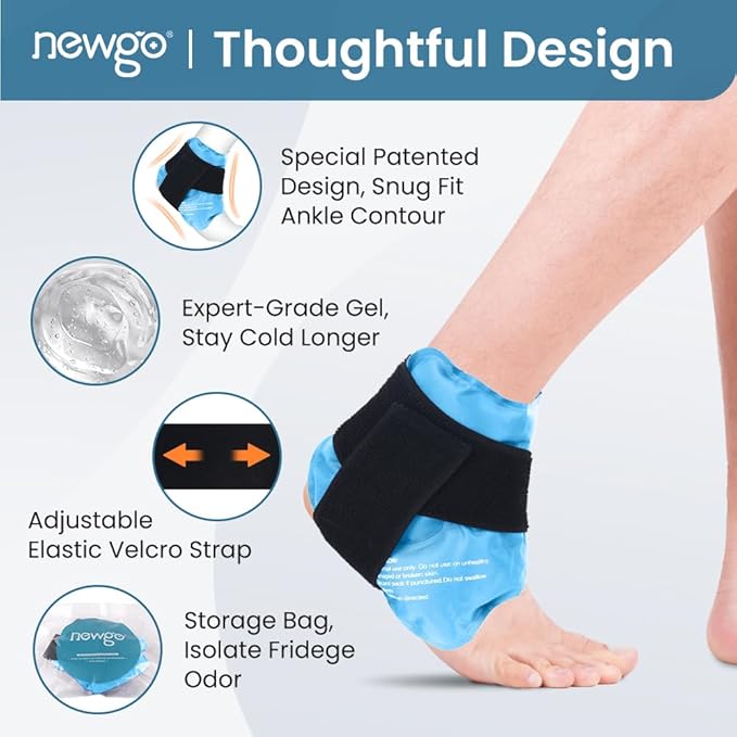 NEWGO Ankle Ice Pack Wrap for Sprained Relief, Ice Pack for Ankle Inuries Reusable, Cold Therapy for Ankles Swelling, Post Surgery Recovery - Light Blue