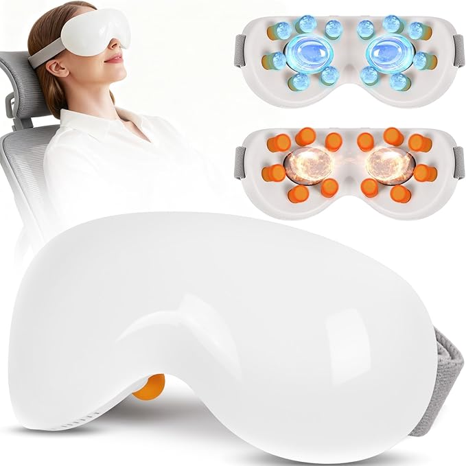 Eye Massager with Heat and Cooling for Migraines – 14 Massage Nodes for Eye Strain Relief, Rechargeable Bluetooth Music, Improve Sleep,Eye Strain Relief, Birthday Gifts for Women and Men(White)