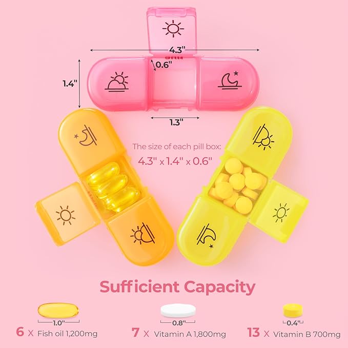 Cute Pill Organizer 3 Times a Day, Large Daily Pill Case for Women, Portable Pill Box 7 Day for Purse with Bag & Zipper to Hold Vitamins, Medications, Fish Oils, Supplements (Pink)