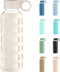 purifyou 40oz / 32oz / 22oz / 12oz Borosilicate Glass Water Bottle with Time & Volume Markers, Silicone Sleeve, Stainless Steel Lid | Reusable Glass Bottle for Water & Juice (12oz Pearled Ivory)
