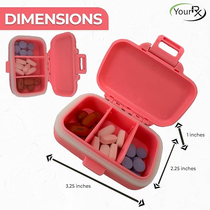Travel Pill Organizer - Durable, Watertight Pill Case Travel Size with 3 Compartments - Compact Pill Travel Case for Vitamins, Supplements, Medicine - Travel Pill Container for Purse (Pink)