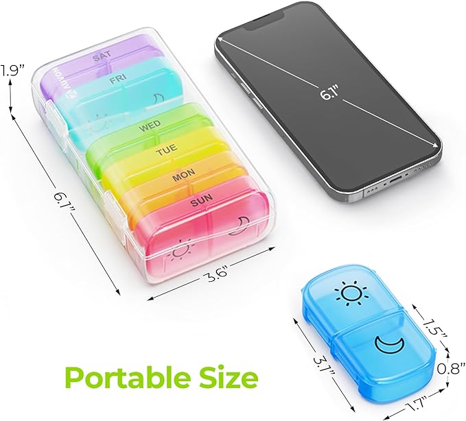 AUVON XL Weekly Pill Organizer 2 Times a Day with Large Opening for Easy Filling, AM PM Pill Box 7 Day in Rainbow Colors, Portable Travel Pill Case for Medication, Vitamins, Fish Oils, Supplements