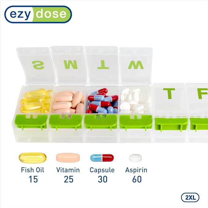 EZY DOSE Pill Organizer Weekly (7-Day), Medicine Planner, Vitamin Case/Box, 2X-Large Push-Button Compartments, Easy to Use, Travel-Friendly, Green, BPA Free