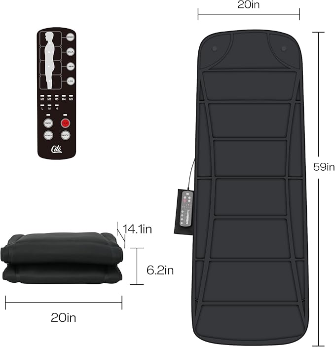 CILI Full-Body Vibration Massage Mat, 10 Motors & 5 Modes, Heated Back Massager Pad for Bed/Chair, Auto Shut-Off, Ideal Gift for Men & Women - Black