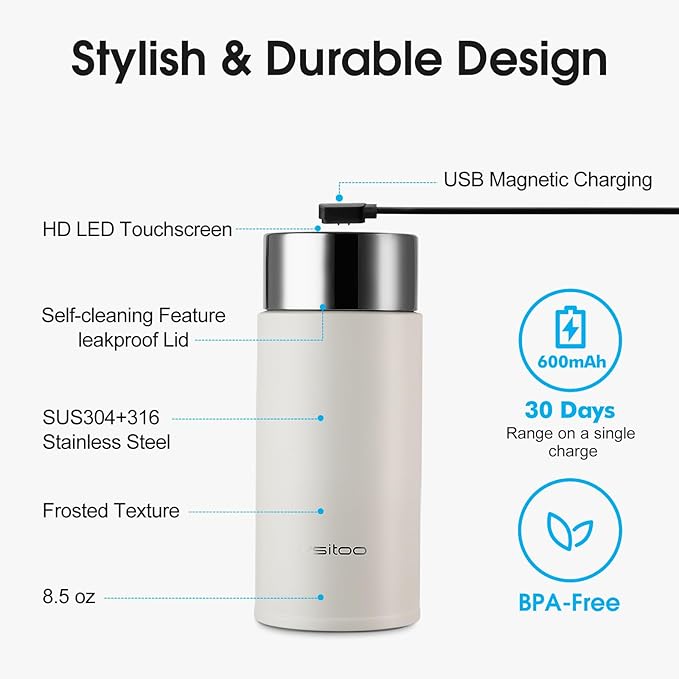 Vsitoo 8.5oz self-cleaning Mini Insulated Water Bottle,Stainless Steel Vacuum Flask,AI Self-Clean,30-Day Battery Life,BPA-Free,Perfect Small Water Bottle for Travel, Purse,White